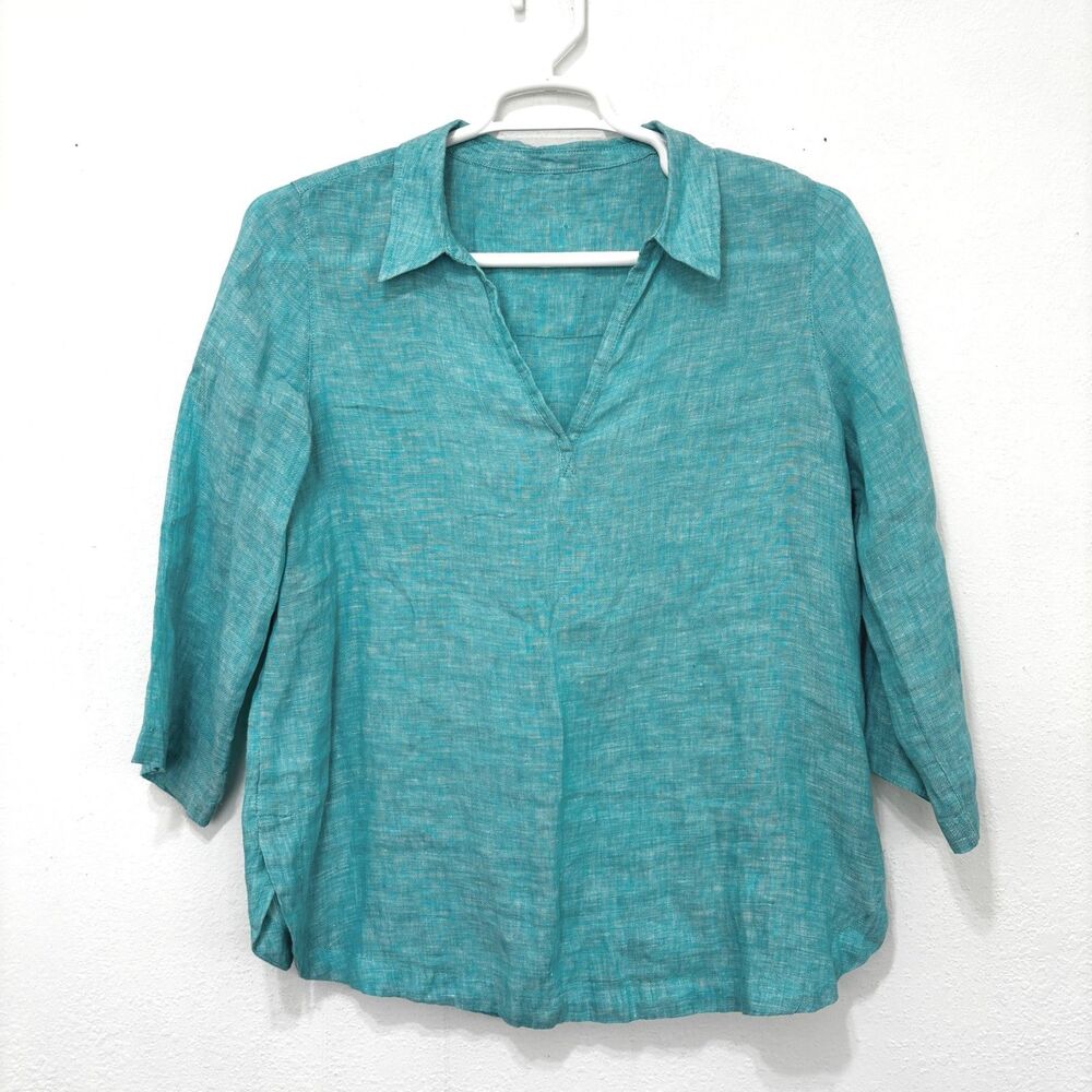 Womens Coastal Linen Popover Top XL Capsule Minimalist Lagenlook Euro Summer